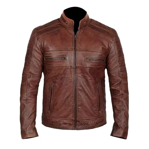 Distressed Leather Brown Biker Jacket Mens