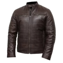 Brown Cafe Racer Puffer Leather Jacket Mens