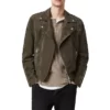 Suede Green Leather Mens Khaki Jacket