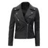 Asymmetrical Collar Black Biker Motorcycle Jacket Womens
