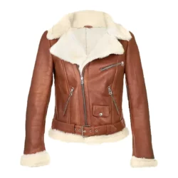 Womens Brown and White Shearling Leather Jacket