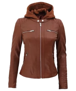 Detachable Hooded Cafe Racer Leather Jacket Womens