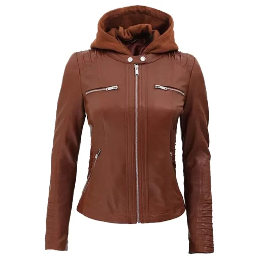 Detachable Hooded Cafe Racer Leather Jacket Womens