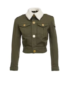 Khaki Denim Jacket Shearling Collar for Womens
