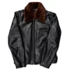 Mens Faux Black Leather Brown Shearling Collar Jacket