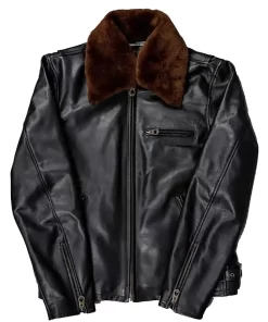 Mens Faux Black Leather Brown Shearling Collar Jacket
