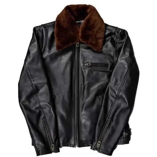 Mens Faux Black Leather Brown Shearling Collar Jacket