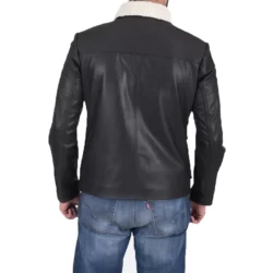 mens shearling collar black leather jacket