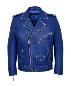 Blue leather studded jacket for mens