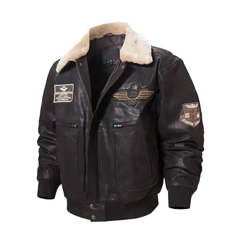 Mens Dark Brown Bomber Faux Shearling Leather Jacket