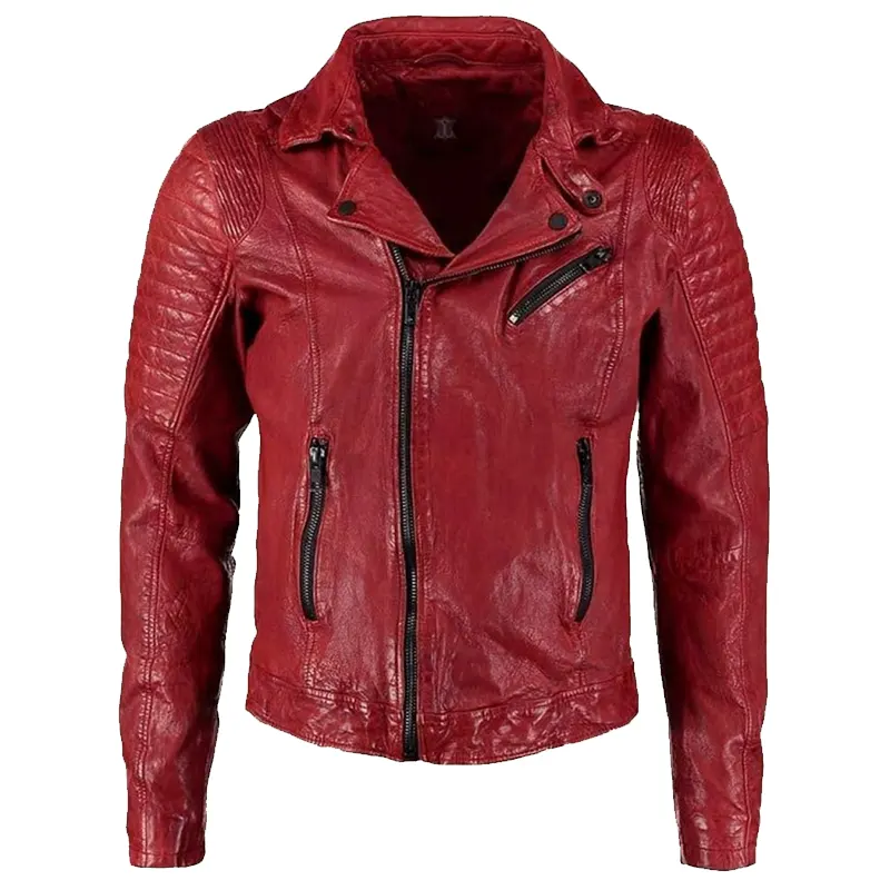 Mens Red Waxed Sheepskin Leather Biker Jacket