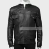 Black Leather Jacket with Grey Hood