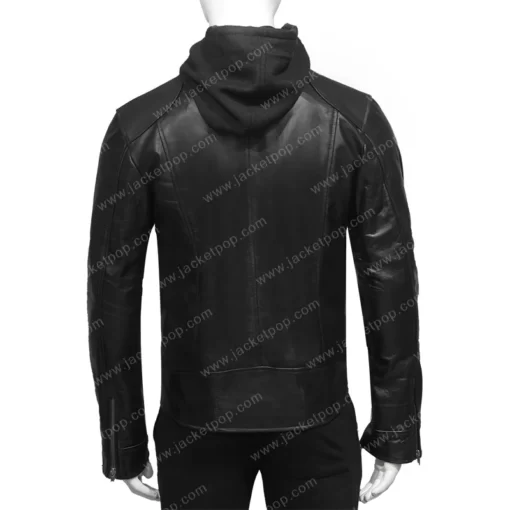 Black Leather Hooded Jacket For Mens