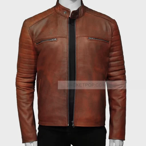 Padded brown Leather Jacket Mens