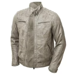 Quilted Shoulder Grey Distressed Leather Jacket For Mens