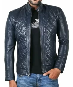 Slim-Fit Cafe Racer Navy Blue Quilted Leather Jacket For Mens