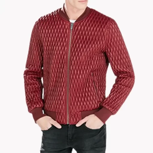Mens Red Quilted Bomber Leather Jacket