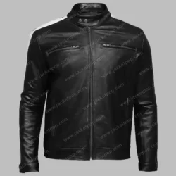 White Striped Leather Jacket for mens | Black Cafe Racer Jacket
