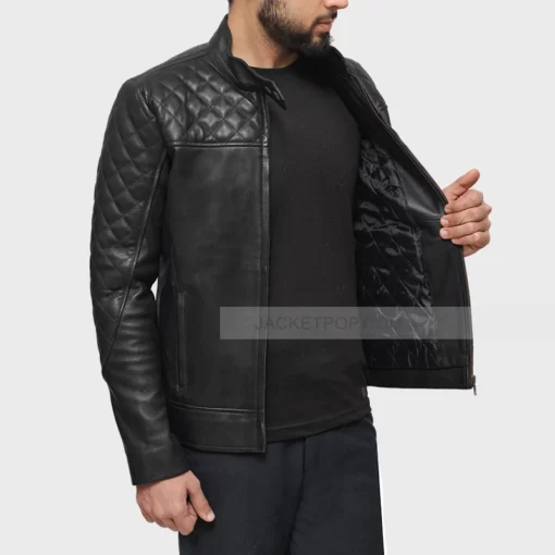 Black Quilted leather jacket for mens