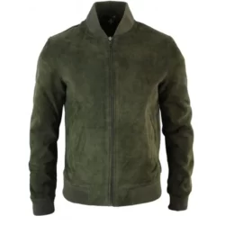 Mens Green Suede Leather Bomber Jacket