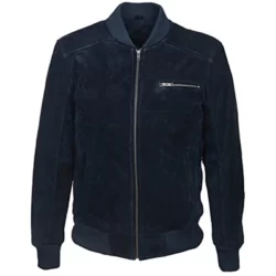 Mens Navy Blue Bomber Suede Leather Biker Jacket