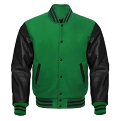 Black Leather Sleeves And Green Varsity Jacket For Mens