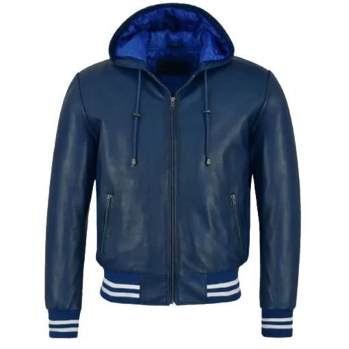 Mens Bomber Blue Leather Jacket With Hood
