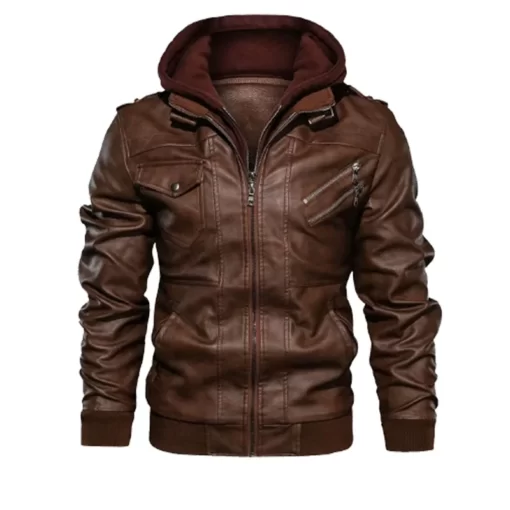 Mens Brown Bomber Leather Jacket With Removable Hood