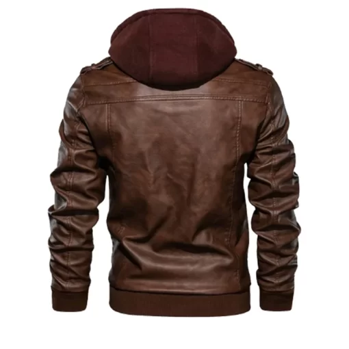 Brown Leather Bomber Hooded Jacket For Mens