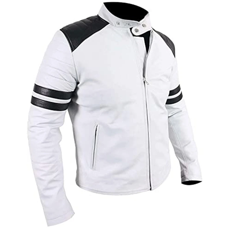 Mens White Leather Black Striped Leather jacket
