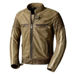 Mens White Striped Khaki Cafe Racer Leather Jacket