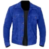 Royal Blue Shirt Style Suede Leather Jacket For Mens