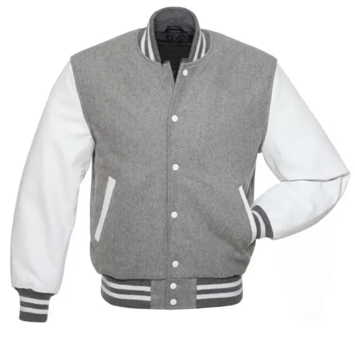 Mens White Leather Sleeves With Grey Varsity Jacket
