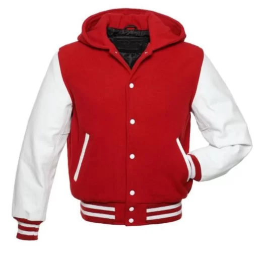 Mens White Leather Sleeves With Red Hooded Varsity Jacket