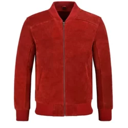 Mens Bomber Red Suede Leather Jacket