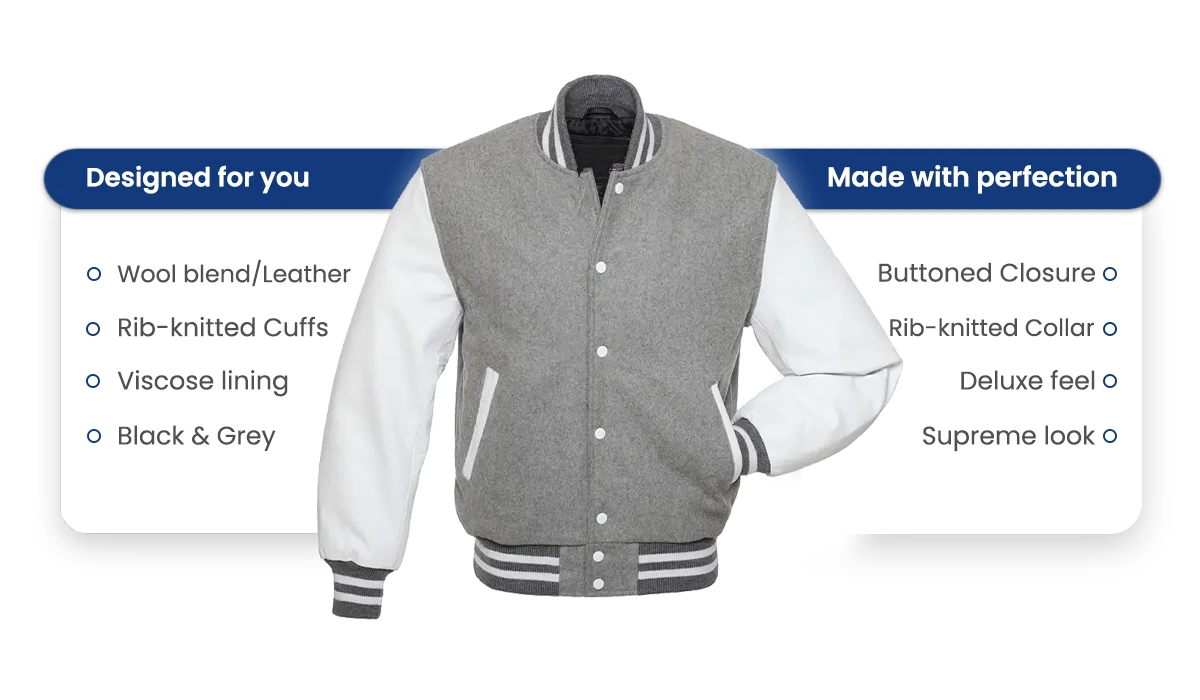grey and white varsity jacket