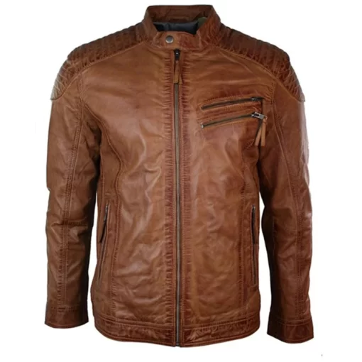 Mens Slimfit Cafe Racer Brown Padded Leather Jacket