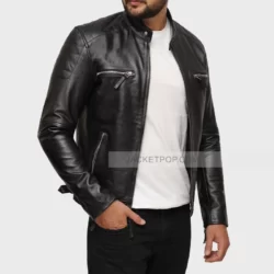 Black slim fit mens leather jacket