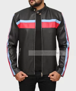 Blue and Red Striped Black Leather Jacket For Mens