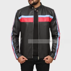 Blue and Red Striped Black Leather Jacket For Mens