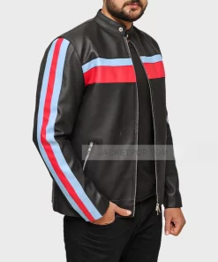 Blue and Red Striped Black Leather Jacket