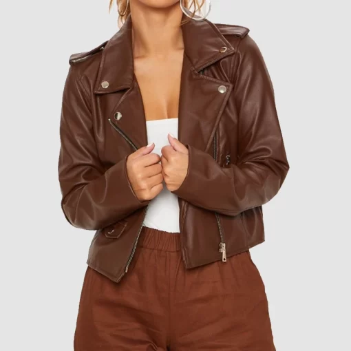 Womens Motorcycle Chocolate Brown Faux Leather Jacket