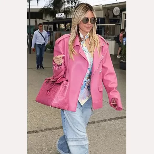 Heidi Klum Arrives In France Pink Jacket