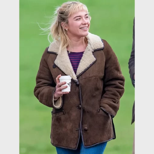 We live in Time Florence Pugh Suede Brown Shearling Jacket