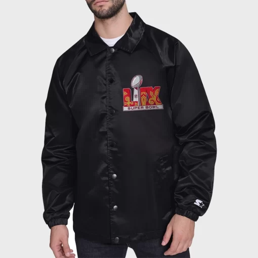 Super Bowl LIX Satin Varsity Coaches Jacket in Black