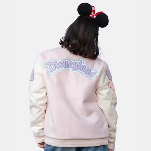 Disney clover lane women varsity jacket pink and white sleeves