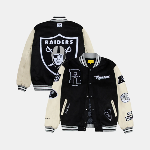 Las Vegas Raiders Black Varsity Jacket by GOLF WANG featuring vibrant logos and timeless details