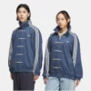 Unisex blue suede leather jacket by Adidas with open hem cuffs and a sleek design.
