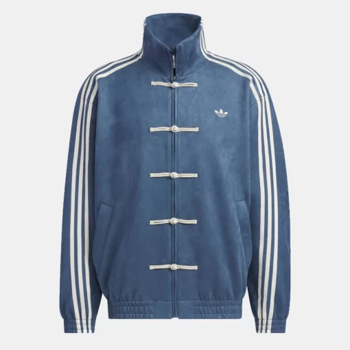 Chinese New Year-inspired Blue Adidas Tang jacket in premium suede leather.