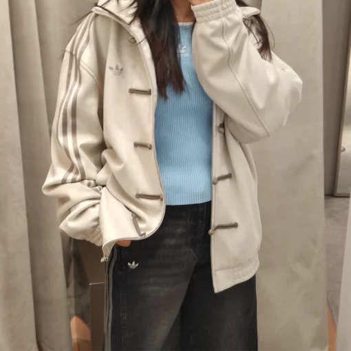 Chinese New Year White Jacket in Suede Leather with Stripes on Sleeves